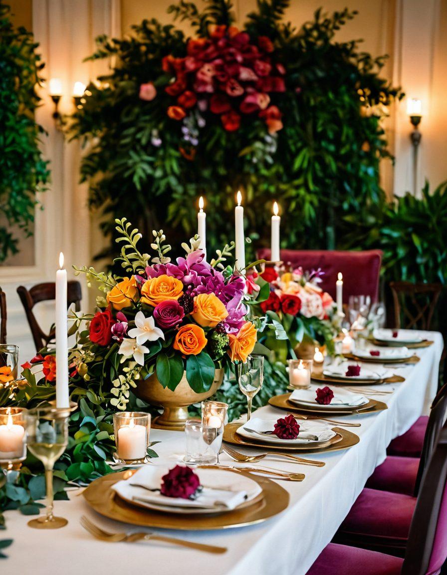 A stunning array of vibrant floral arrangements showcasing both elegant bouquets and intricate centerpieces, surrounded by lush greenery. The setting includes a beautifully styled dining table adorned with candlelight and soft fabric drapery, creating a warm inviting atmosphere. The flowers feature a mix of vivid roses, lilies, and orchids, all artfully arranged. The image should evoke a sense of sophistication and creativity in floral design. super-realistic. vibrant colors. elegant setting.