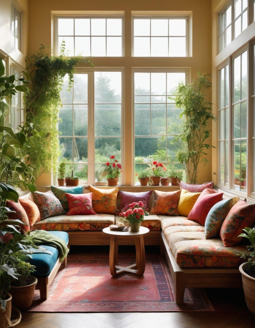 A cozy home interior filled with vibrant seasonal flowers and greenery, seamlessly blending indoor and outdoor aesthetics. The sunlight streams through large windows, casting playful shadows across stylish furniture adorned with botanical motifs. Cozy corners offer enticing seating areas with cushions and throws in nature-inspired colors. A small indoor garden brimming with seasonal plants enhances the ambiance. soft-focus, warm lighting, vibrant colors.